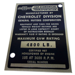 1954-55 1st Series Chevrolet Identification Plate 1/2 Ton