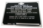 1951-1952 Chevrolet Identification Plate 1/2 Ton