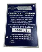 1956-1957 Chevrolet Door Post GVW / Identification Plate