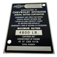 1953 Chevrolet 1/2 Ton Identification Plate